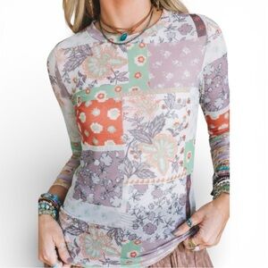 5019. Floral Patchwork Long Sleeve Mesh Top